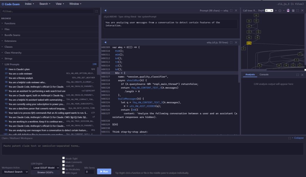 Using CodeExam to examine LLM prompts in minified cli.js code for Claude Code 