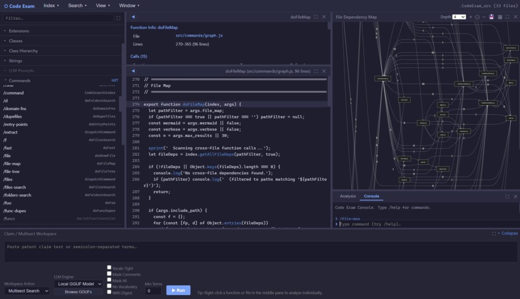 CodeExam showing part of JS code for, and file-map of, CodeExam's own code